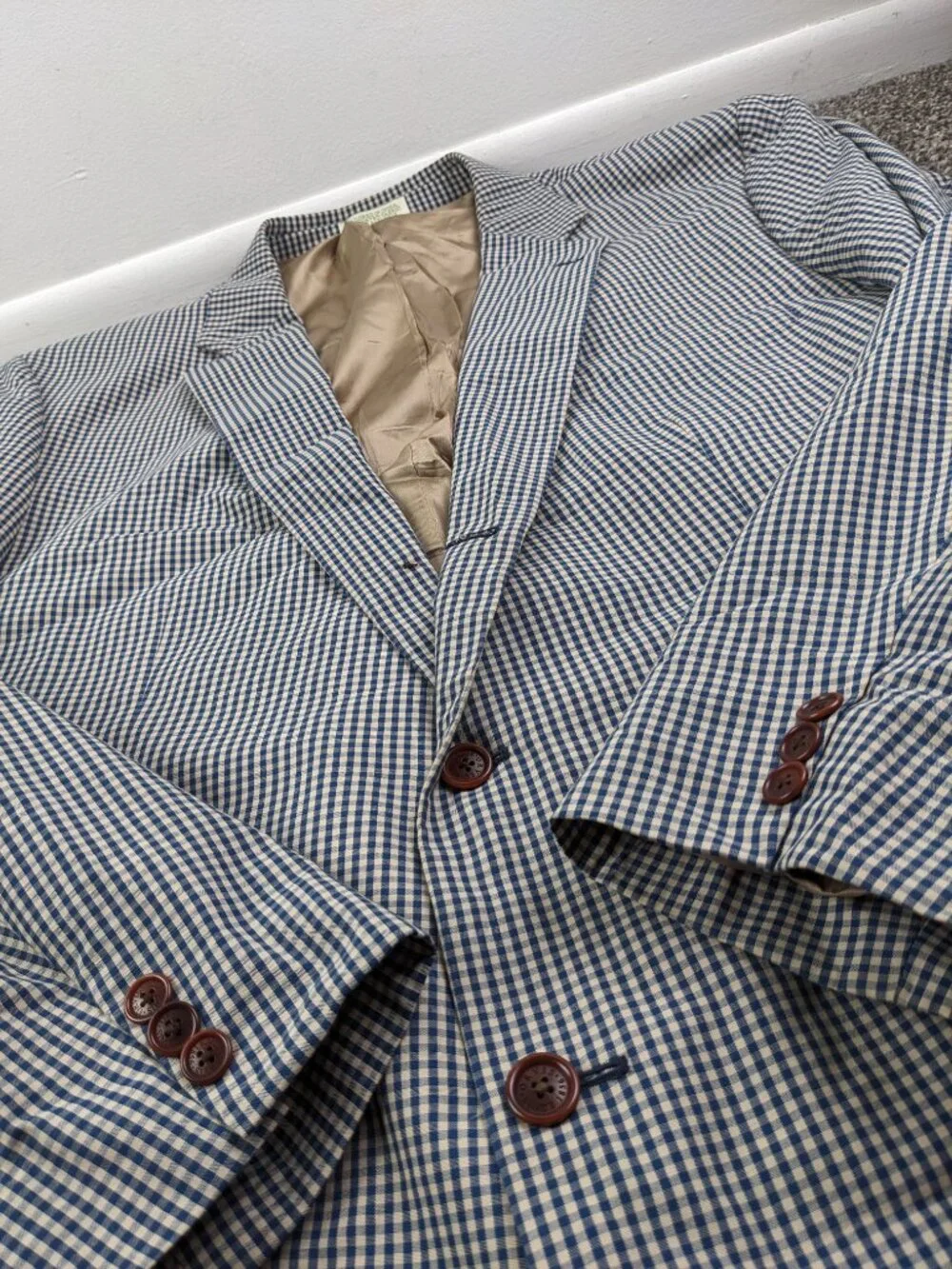 Orvis 50L Sport Coat Blazer Gingham Checked Cotton Blend 3 Roll 2 Blue